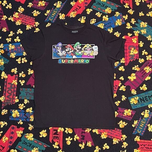 ’21 Super Mario Characters Collage Black Graphic Tee Shirt / Size M - Picture 1 of 4